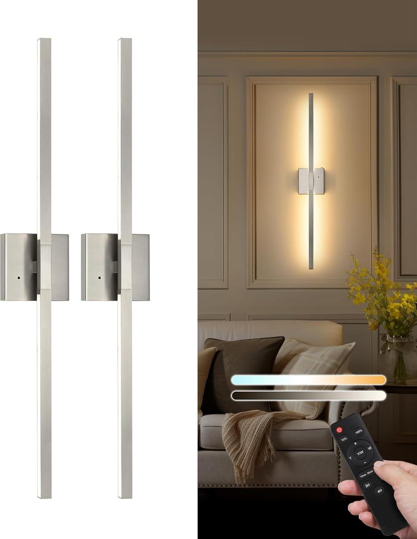 Rayogale 32 Inch Rechargeable Battery Operated Wall Sconce Set of Two, Cordless 3000K/4500K/6000K Dimmable Timer, Remote Touch Control USB-C Charging 360° Rotation for Living Room Sand Nickel