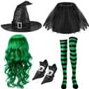 Panitay Halloween Witch Cosplay Costume for Women Witch Hat Tutu Skirt Striped Tights Curly Wig Shoe Covers(Black, Green)