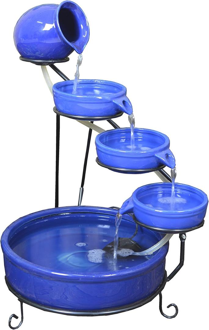 ASC Cascade Ceramic Solar Water Fountain Bowls 5 Tierd with Panel Pump Cascading Garden Decoration Bird Iron Frame (Blue Daytime)