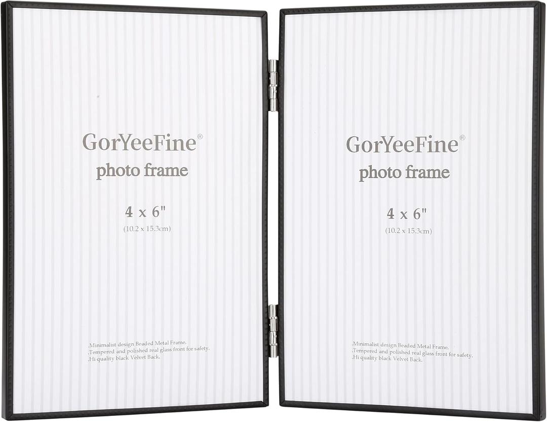 4x6'' Double Black Metal Picture Frame with High-Definition Tempered Glass -Matte Black Thin Edge with Beading, Minimalist Design, Velvet Back, Tabletop & Wall Mount