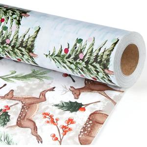 BIOBROWN Reversible Christmas Wrapping Paper - 17 Inch X 33 Feet (46.7 sq. ft. ttl.) - Doe Floral and Tree Design Perfect for Xmas, Party, Holiday Gift Wrap (1 roll (Pack of 1))