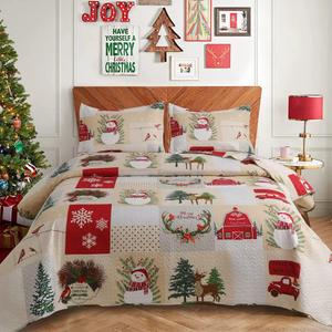 Christmas Snowmen Quilts Full/Queen Size Xmas Reindeer Bedspread Cardinals Car Christmas Tree Bedding New Year Coverlet Plaid Bed Set for Holiday (Beige White)
