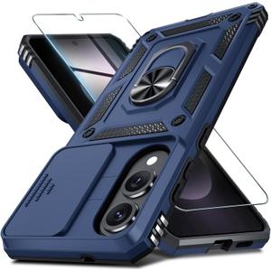 Janmitta Compatible with Samsung Galaxy S25 Edge Case Built in Slide Camera Lens Cover+Screen Protector+Finger Ring Holder Kickstand,Heavy Duty Shockproof Full Body Phone Cover,2025 Blue