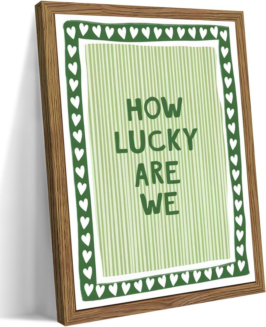 How Lucky Are We Wall Art, Vintage Green Inspirational Canvas Wall Decor Painting, Trendy Preppy Stripe Quotes Posters Prints Pictures for Bedroom Dorm Apartment Decor 16x24 Inch Framed