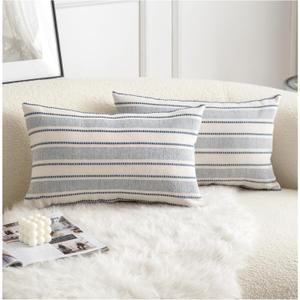 Cethom Decorative Boho Lumbar Throw Pillow Covers, Farmhouse Textured Pillow Case, 12 x 20 Inch Set of 2, Chair Sofa Bedroom Living Room Home Decor Couch Cushion Case, Classic Blue and Beige