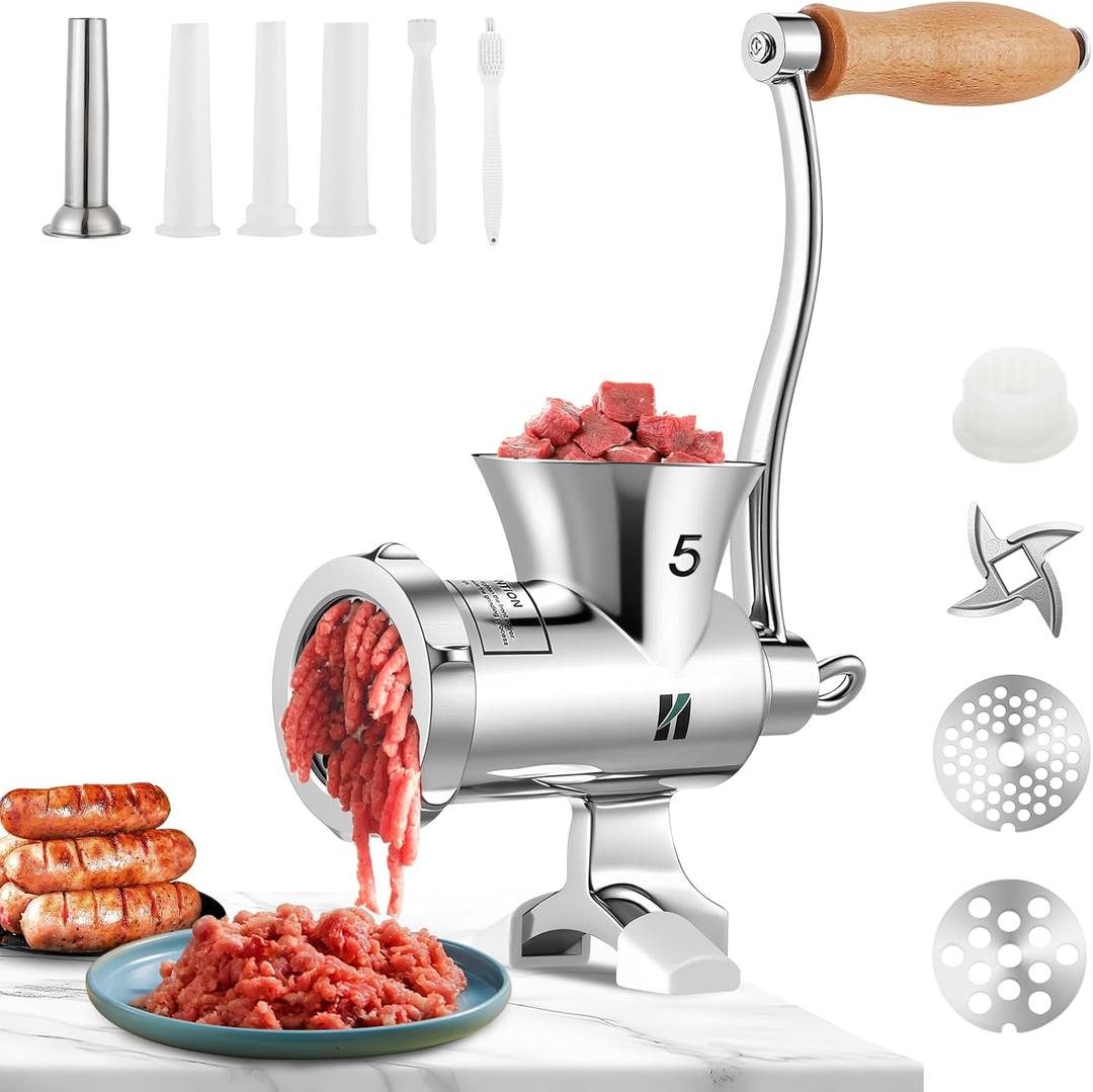 Huanyu Meat Grinder Manual Stainless Steel - Heavy Duty, Sausage Tubes, Compact with Table Clamp, Hand Crank for Home Use, for Chicken, Beef, Small Bones, Chili HZ-5