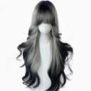 Black White Ombre Long Wavy Wig for Women Lolita Synthetic Curly Hair Wig with Bangs Natural Looking Heat Resistant Wigs for Daily Use