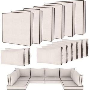 14 Piece Outdoor Patio Cushion Covers Replacement, Fit 7 Piece 6-Seater Wicker Rattan Patio Furniture Conversation Set, Outdoor Cushion Slipcover with Zipper, Cream+Black Piping(Only Cover)