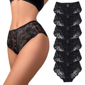 High Waisted Underwear for Women Lace Briefs Curvy Silky French Cut Panties Multipack (X-Large, 6pcs-black*6)