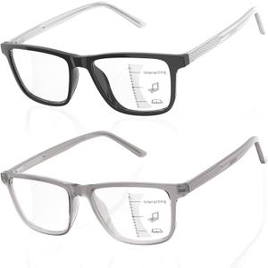 JO Progressive Multifocus Reading Glasses 2 Pack Reader with Metal Core Wire Acetate Frame for Near Workspace (Black/Grey)