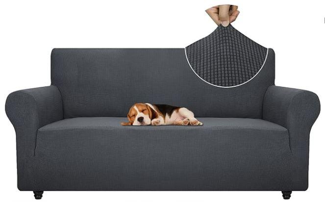 ZNSAYOTX Super Stretch Couch Cover Love Seat Sofa Covers for Living Room Dogs Pet Friendly Furniture Protector Spandex Loveseat Slipcovers with Anti Slip Foam Sticks (Dark Grey, Loveseat)