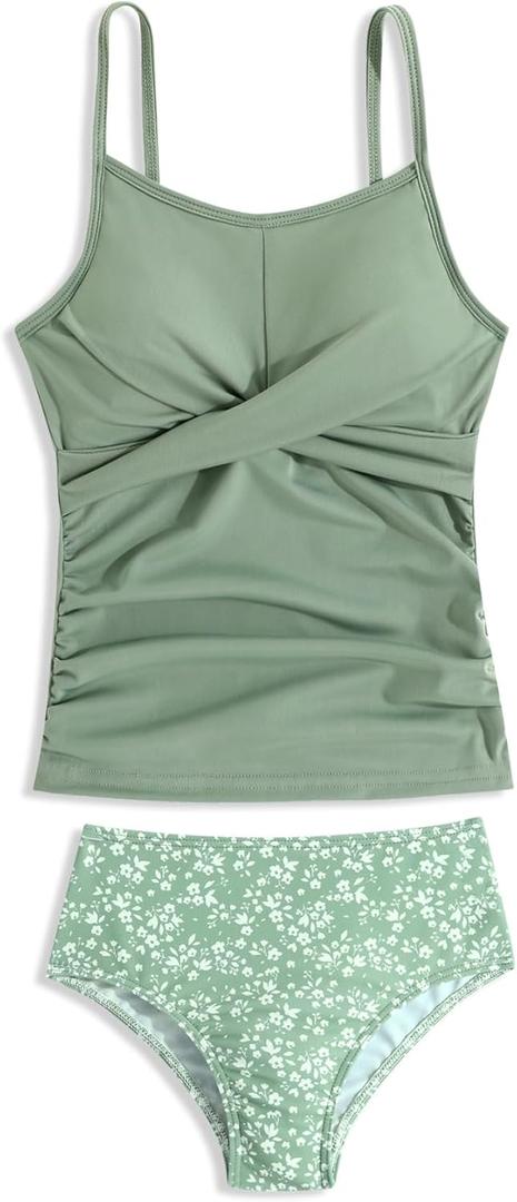 LKALPSQ Girls Swimsuits 2 Piece Bathing Suit Tropical Floral Swimwear Beach Sport Halter Tankini Green 11-12 Years