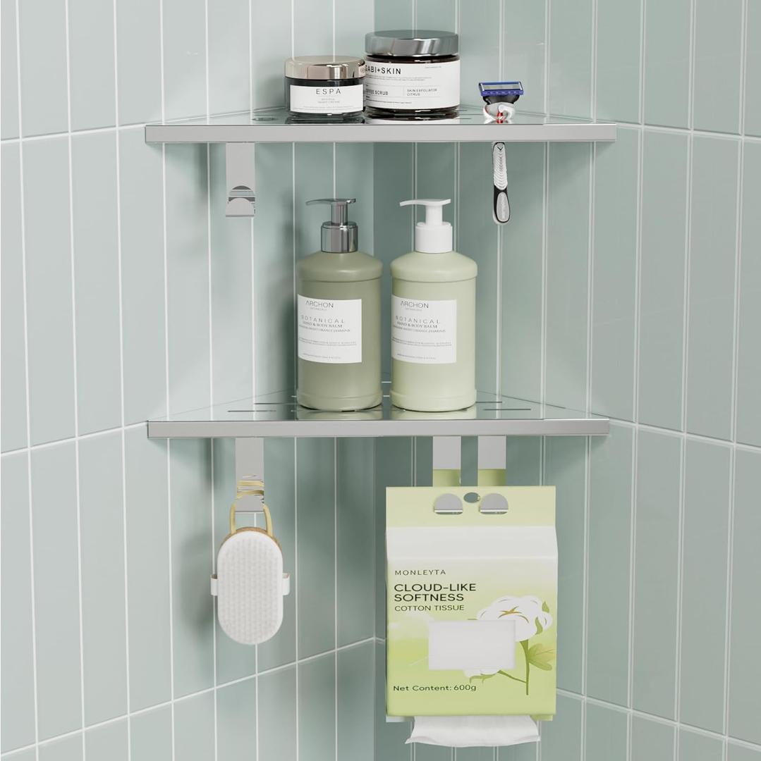 10 Shower Corner Shelf, Stainless Steel Shower Shelves with Razor Hole for Bathroom, Grout in Corner Shelf with Hooks for Tiled Wall 2 Pack, Polished