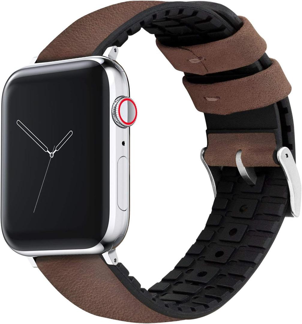 BARTON WATCH BANDS- Black Leather and Rubber Hybrid - Choose Color & Size - Compatible with All Apple Watches (Ultra, SE, 8, 7, 6, 5, 4, 3, 2, 1) - 38mm, 40mm, 41mm, 42mm, 44mm, 45mm, 49mm (Walnut Brown Leather (Stainless Steel Buckle))