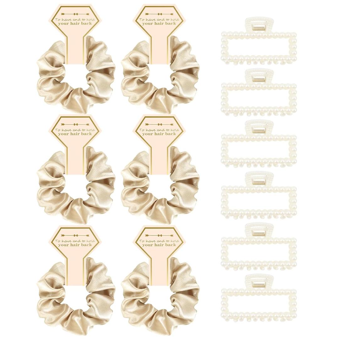 Bridesmaid Proposal Gifts, 12 PCS Bridesmaids Silk Hair Scrunchies & Pearl Hair Clips Set for Women Bachelorette Party Favors Bridal Shower Favors Bridesmaids Gifts for Wedding Day (Champagne Gold)