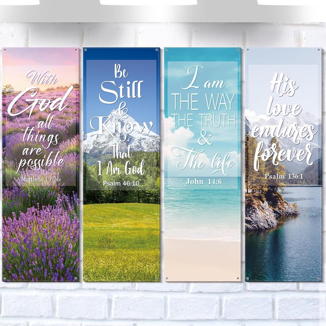 Hosuly 4 Pcs Church Banners with Scripture Church Sanctuary Wall Worship Bible Verses Exquisite Banner Scenic Pattern Welcome Inspirational Religious Praise Hanging Signs (Multicolor)