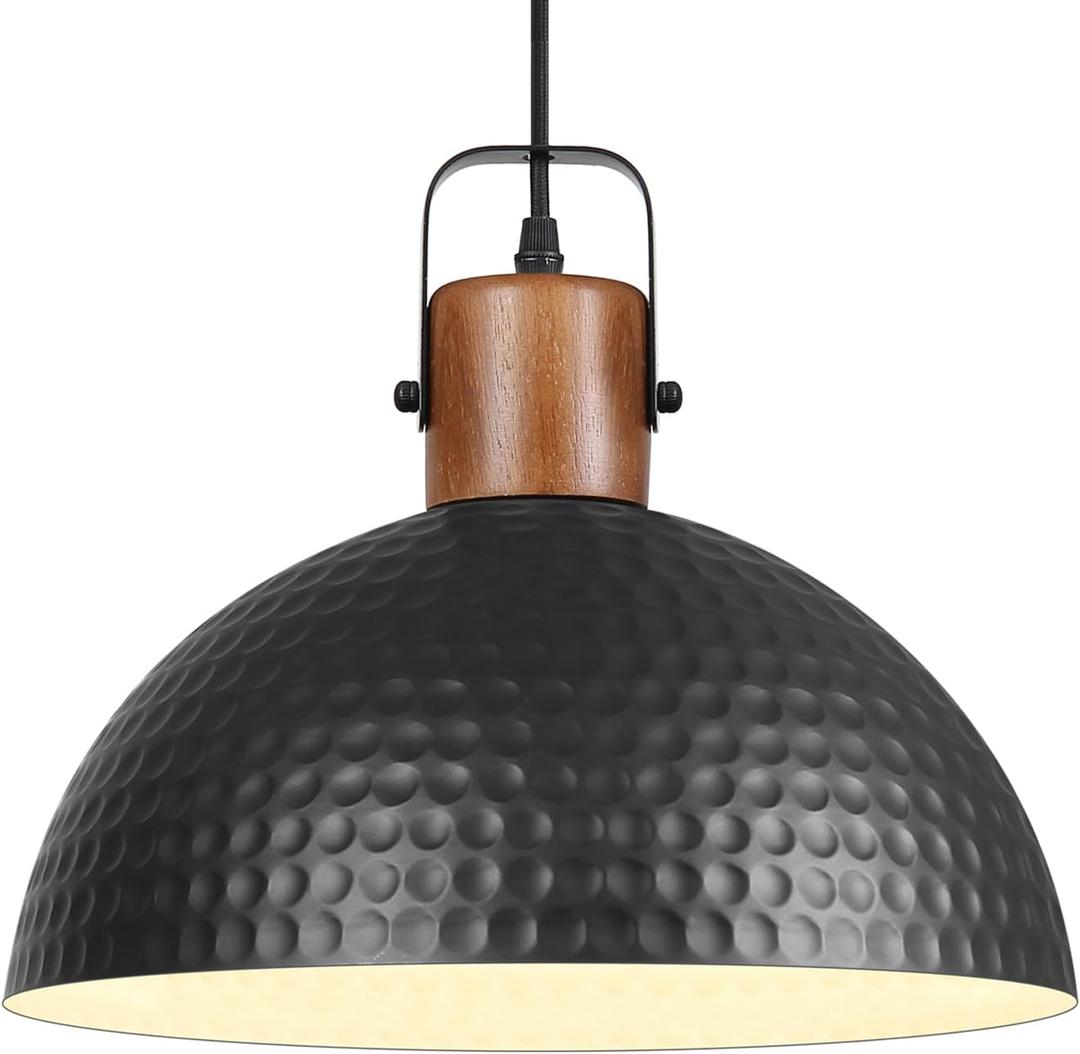 Black Pendant Light, 11.8" Hammered Metal Ceiling Hanging Light Fixture,Solid Wood Dome Pendant Lighting,Modern Industrial Chandelier for Kitchen Island, Dining Table, Restaurant, Farmhouse, Hallway