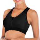 FLORATA Women's Zip Front Sports Bra Seamless Wirefree Post Surgery Bra Padded Sports Bras Yoga Bra with Removable Cups (Large, Black)