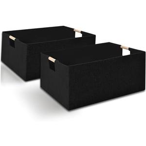 2 Pack Fabric Storage Basket for Shelves, Collapsible Storage Bins with wood Handles, Rectangle Closet Baskets, Wardrobe Organiser, for Sorting Clothes, Family Items 15"L x 10.6"W x 6"H (Black) 
