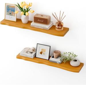 Solid Wood Live Edge Floating Shelves Set of 2 36" Rustic Wall Shelf with Hidden Bracket System, Wall Mounted Shelves for Bathroom, Kitchen, Living Room, Bedroom (Honey Walnut)