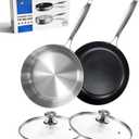 Dosun 11 Inch Stainless Steel Frying Pan Set, 2-Piece Skillet with Glass Lid - One Non-Stick Coating & One Uncoated Pan for Home Kitchen, Stovetop Compatible (Induction, Gas, Electric)