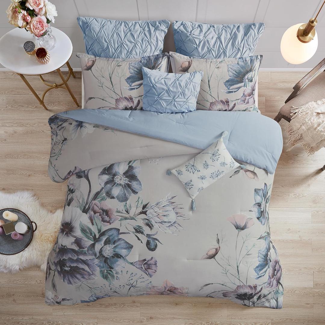 Madison Park Cassandra Cotton Blend Comforter Set - Feminine Design Colorful Floral Print, All Season Down Alternative Bedding Layer and Matching Shams, Queen (90 in x 90 in), Blue 8 Piece
