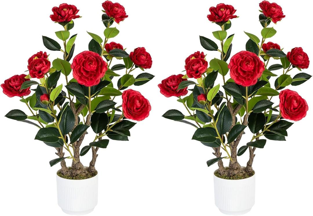 2 Pack Artificial Camellia Tree with White Pot, 24" Faux Potted Plants for Indoor Outdoor Decor, Tall Silk Greenery Plant for Home Office Living Room Balcony, Red