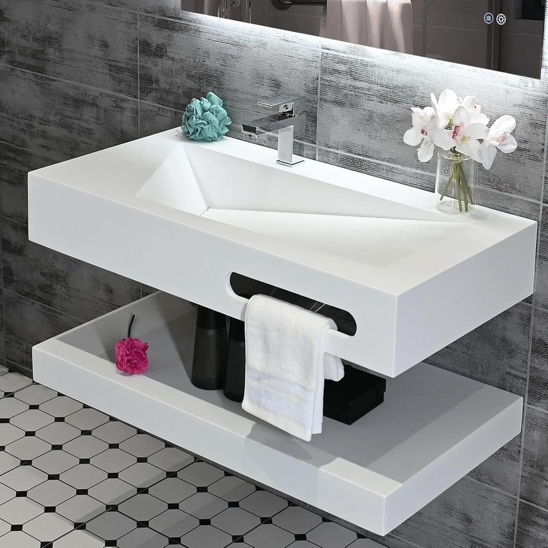32"x19" Wall Mount Bathroom Vanity with Sink Stone Resin Floating Vanity Sink Rectangular Vessel Sinks for Bathroom White Trough Art Basin with Shelf Layer