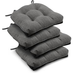 downluxe Indoor Chair Cushions for Dining Chairs, Tufted Overstuffed Textured Foam Kitchen Chair Pads with Ties and Non-Slip Backing, 15.5" x 15.5" x 4", Dark Grey, 4 Pack