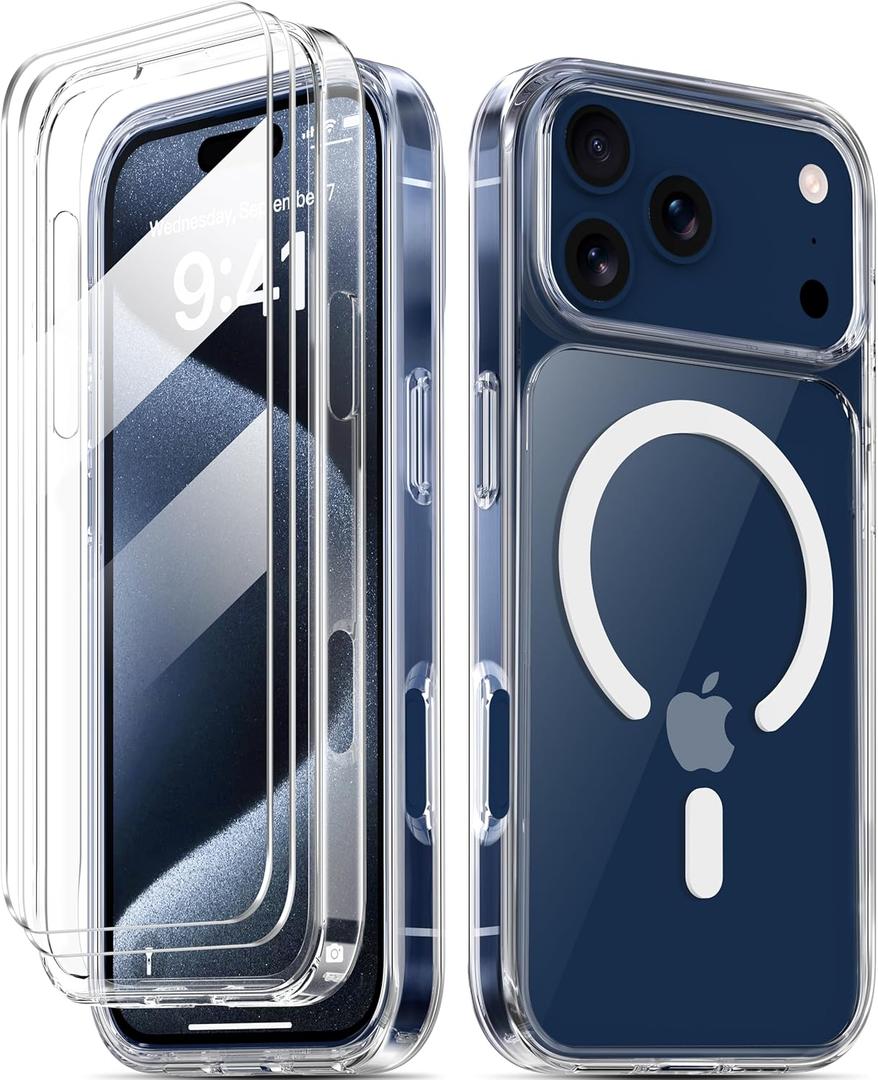 COOLQO for iPhone 17 Pro Case with Screen Protectors, Compatible with MagSafe, Military Grade Drop 17 FT Protection, Dual-Layer Classic Hybrid Magnetic Phone Case Cover Bumper, Clear (17Pro_6.3")