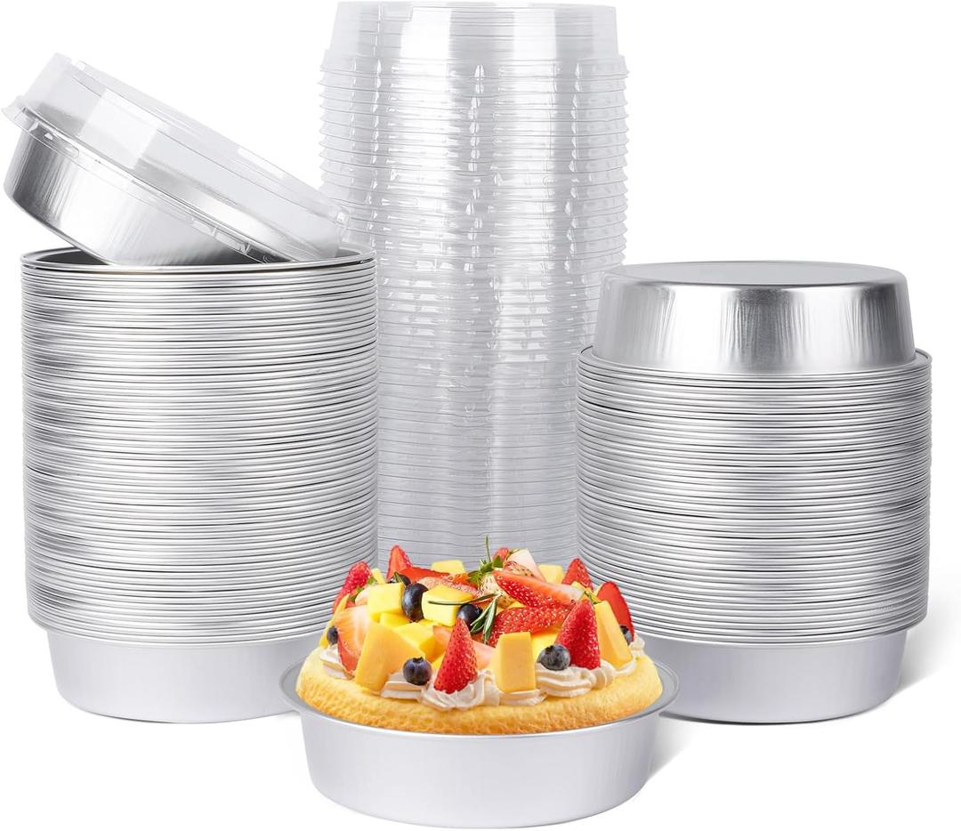 Beasea Mini Pie Pans with Lids, 120 Pack 4 Inch 8oz Disposable Mini Cake Pans Creme Brulee Aluminum Foil Pie Tart Ramekins Tins Silver Small Individual Round Containers Oven Safe for Baking