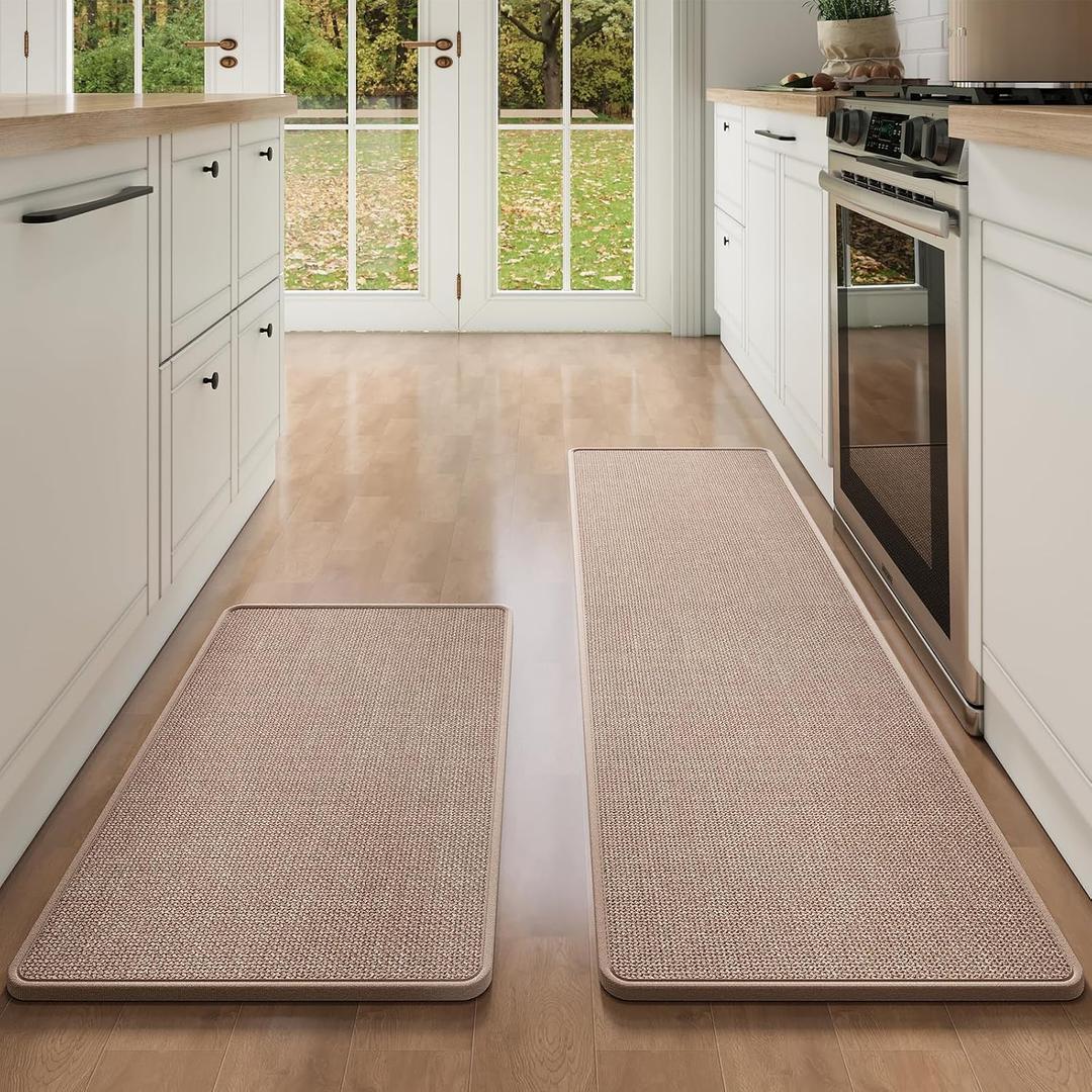 Kitchen Mat Set of 2 PCS Kitchen Mats for Floor, Linen-Look Woven Absorbent Kitchen Runner Rugs Non Slip Washable Comfort Standing Mats for Kitchen, Front of Sink (17"x59"+17"x30", B- Brown ( Pvc Backed))
