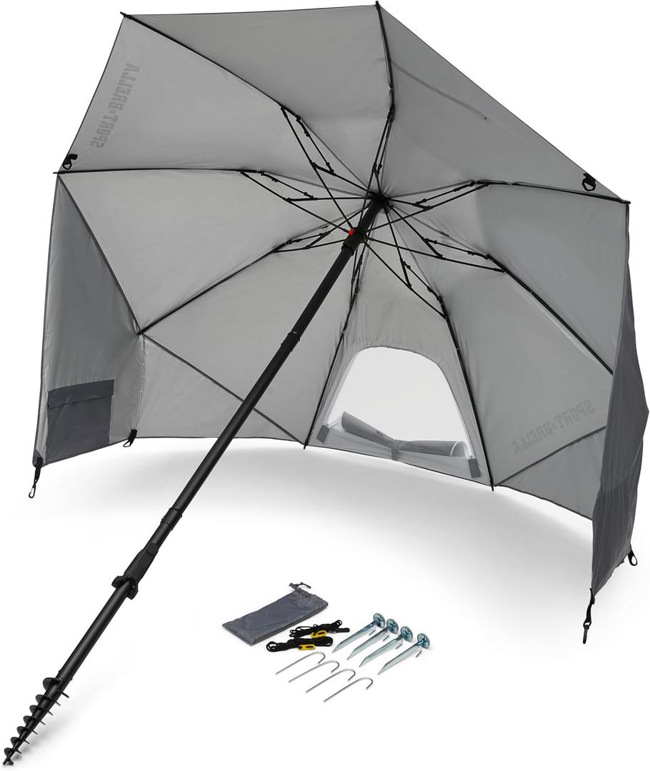 Sport-Brella Fieldedge (Gray) UPF 50+ Sun Protection Umbrella, 6-Foot Bi-Fold Canopy with Patented Side Panels, Premium Auger Bit and Carry Bag for Outdoor Shade on Beach, Grass, or Sidelines