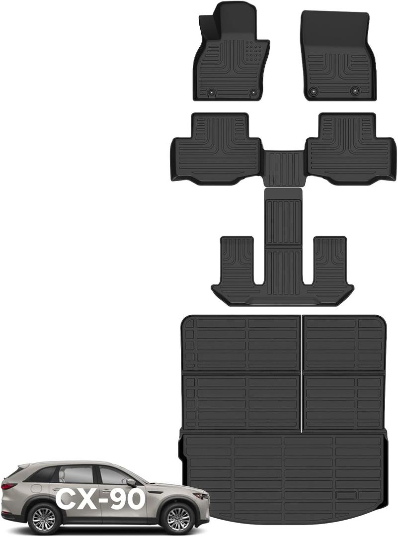 Wayhigh-for 2024 2025 2026 Mazda CX-90 & CX90 PHEV 7 Seater (2nd Row Captain Seat or Bucket Seat) All Weather Floor Mats Cargo Liner Set TPE Trunk Mat Waterproof Floor Liners CX90 Accessories-Black