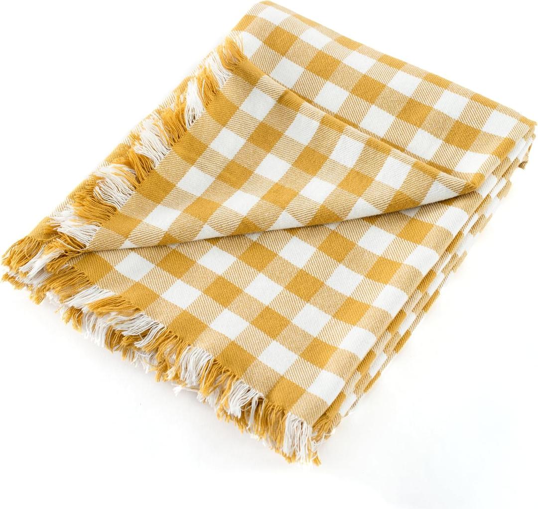 100% Cotton Throw Blanket Plaid Soft Lightweight Cozy Farmhouse Tassels Summer Thin Breathable Throws for Couch Sofa Bed (50" 60" Yellow)
