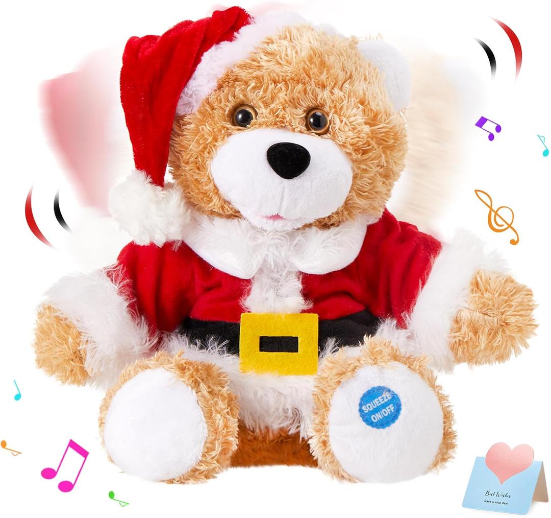 SpecialYou Christmas Santa Teddy Bear Singing Stuffed Animal Interactive Musical Plush Electric Toy with Christmas Hat Companion for Kids Girls Boys New Year Decor
