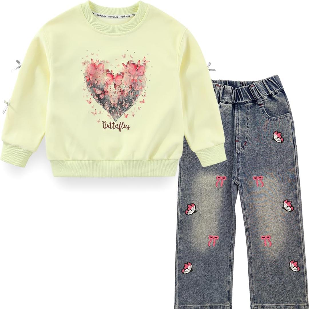 Peacolate 5-12Years Spring Fall Clothingsets Kid Little&Big Girls Pullover Long Sleeve T Shirt and Embroider Butterfly Jeans, Size 10-12 Years