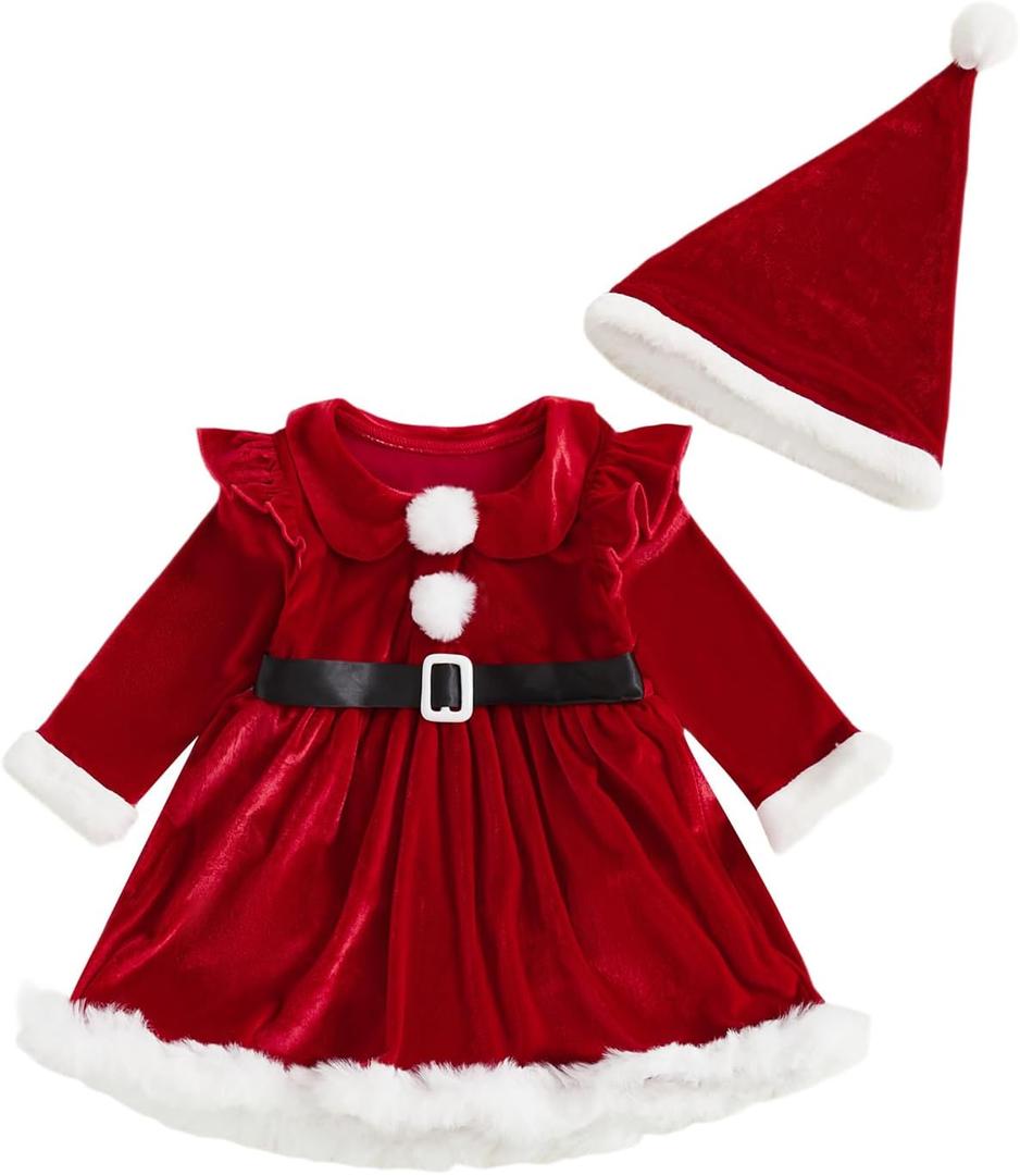 Thorn Tree Baby Girl Christmas Outfits Santa Dress Long Sleeve Velvet Romper Dress Warm Winter Outfit Newborn Infant Clothes (12-18 Months, Red)