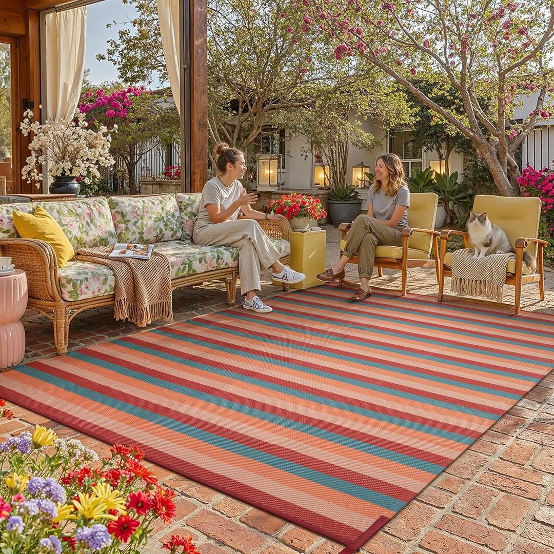 PureCozy Outdoor Waterproof Patio Rug 8x10 Plastic Straw Reversible Outside Orange Red Colorful Striped Carpet Lightweight Large Rug for Camping RV Porch Deck Balcony Beach