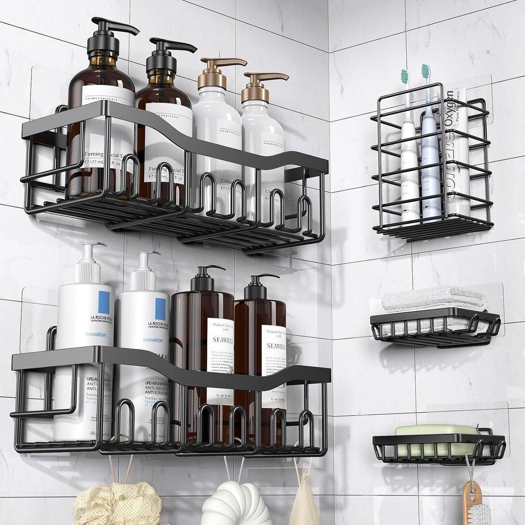 5-Pack Adhesive Shower Caddy, Rustproof Stainless Steel Organizer for Bathroom Storage with Large Capacity, No Drilling Bathroom Caddy with Soap Toothbrush Holder for Kitchen Home Black