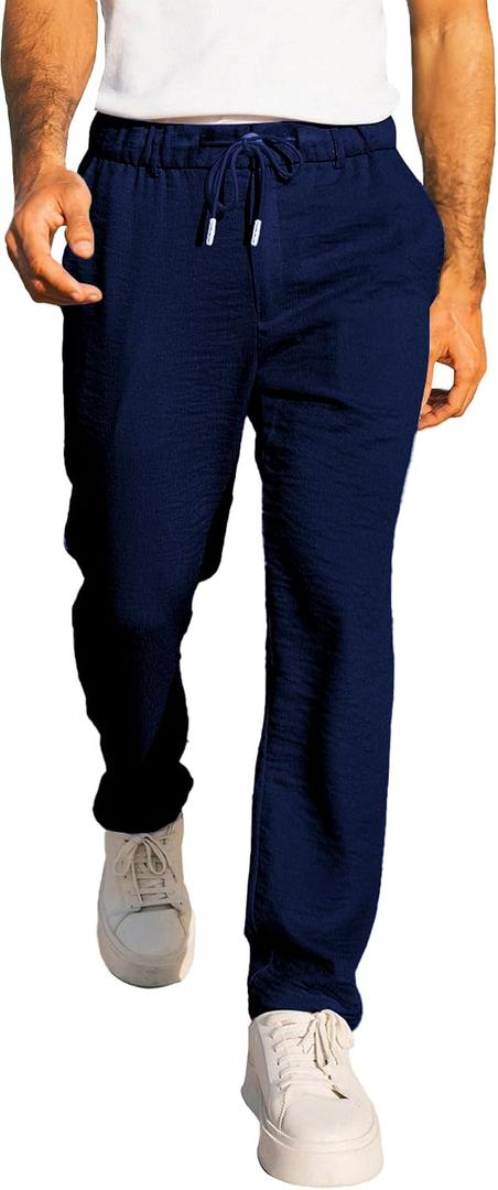 JMIERR Men's Casual Drawstring Pants Elastic Waist Lightweight Pant Summer Beach Trouser with Pockets, 34 (Blue)