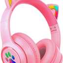 MIDOLA Kids Headphones Cat Ear Wireless Bluetooth 5.3 60H Over Ear, 8H with Led Light Foldable Headset with Aux 3.5mm Mic for Travel Pad Tablet Pink