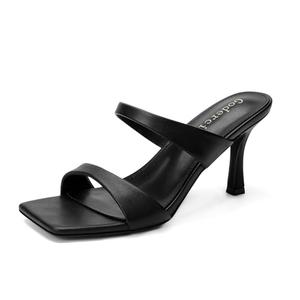 Goderci Kitten Heels for Women Two Strap Square Open Toe Mules Heels Slip On Mid Heeled Sandals(8,Black)