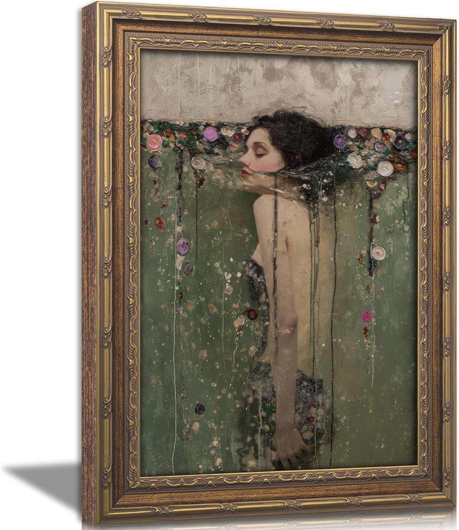 Vintage Gold Framed Ophelia Wall Art, Romantic Victorian Gothic Oil Painting Canvas Print, Dark Academia Wall Decor, Antique Woman Portrait Picture, Moody Floral Poster Artwork for Living Room Bedroom, 24"L x 16"W