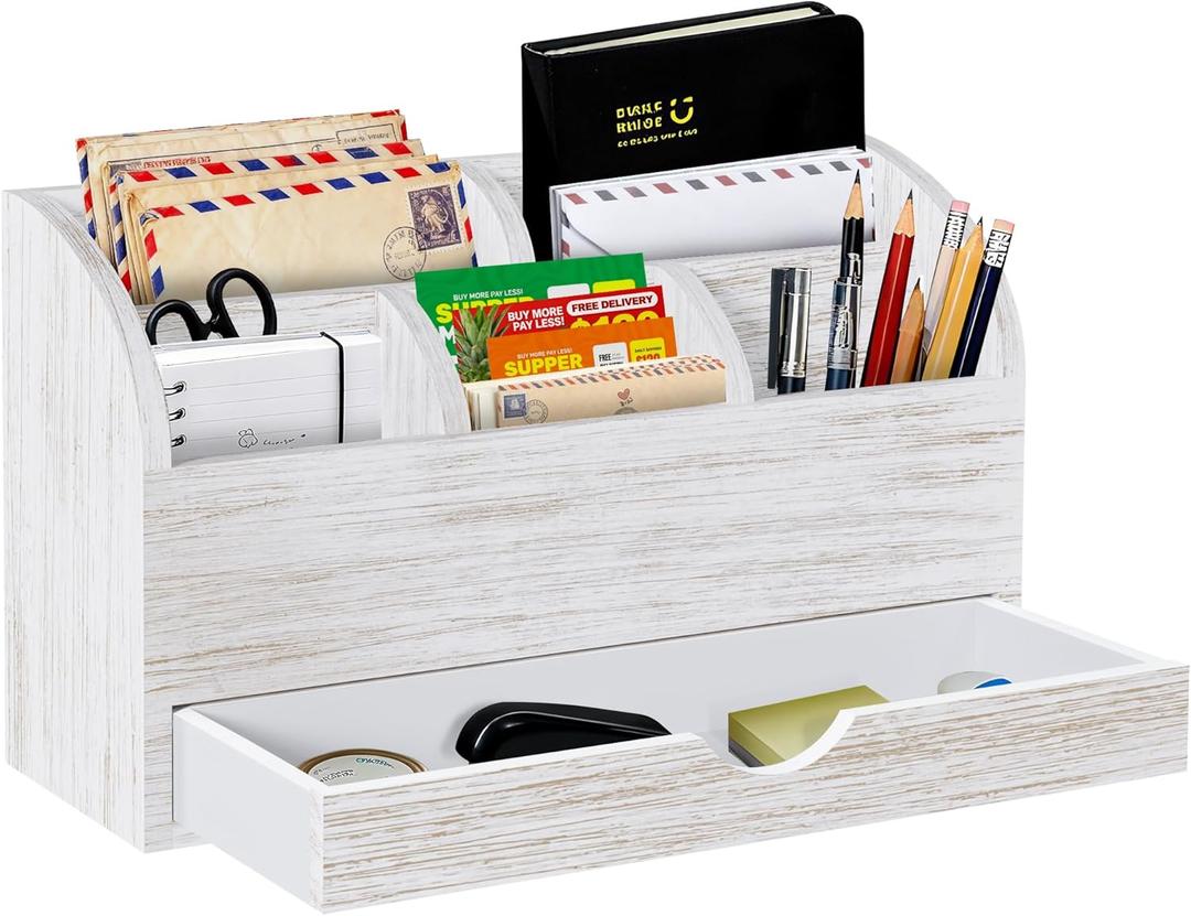 Wood Mail Organizer with Drawer & Pen Holder, White Mail Holder with 5 Detachable Compartments, Desk Organizer for Bill Envelope Storage, for Office Entryway Kitchen Countertop