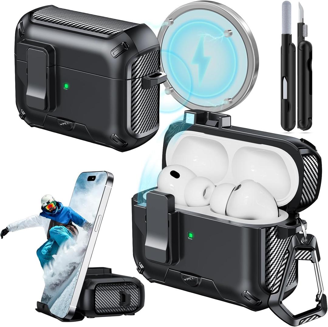 for AirPods Pro 3 Case (2025) with Phone Stand,with Automatic Snap Switch Carbon Fiber Design Protection Cover for Airpods Pro 3 Gen with Cleaning Pen,Balck (Black)