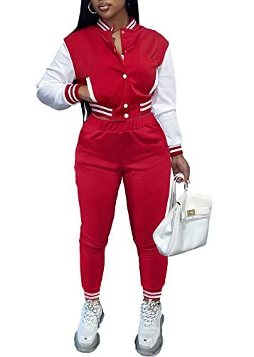 KELOVEPAN Sweatsuits for Women Set 2 Piece Patchwork Tracksuits Long Sleeve Button Down Crop Bomber Varsity Jacket Pants Set Sexy Red L Size large