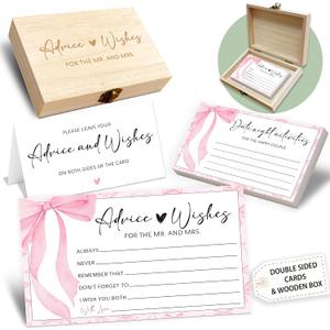 Pink Bow Advice and Wishes for the Mr and Mrs - 50 Packs Wedding Advice Cards Bridal Shower Game Cards with Box Reception Guest Book for Bride Groom Newlywed Engagement Party Decoration -A06