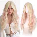 Haloo Blonde Wigs with Curtain Bangs for Women - Long Wavy Middle Part Natural Looking Synthetic Hair Wig for Daily Party Cosplay Costume, 26 Inch Blonde Mixed Pink