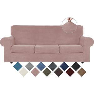 WEERRW 4 Pieces Velvet High Stretch Couch Covers for 3 Cushion Couch Sofa Slipcovers, Washable Furniture Protector with Non Slip Elastic Bottom, Feature Soft and Thick Plush Fabric, Pink, Large